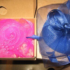 Pair of 2 Mini Fascinator Hats Blue & Pink Feathered and Beaded New